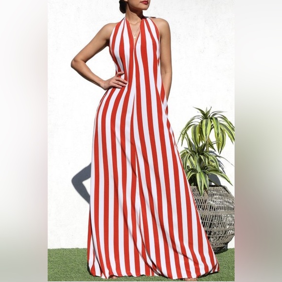 Rust Open Back Halter Tie Neck Closure Striped Detail Maxi Dress - Picture 1 of 17